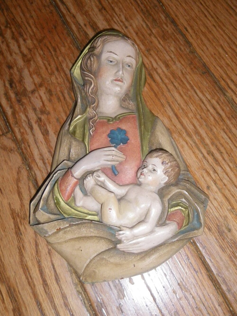 Vintage Cast Resin Wall Plaque Religious Catholic Mary & Jesus w/ 4-Leaf Clover